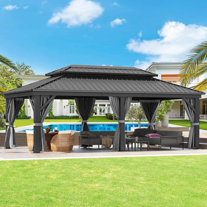 DWVO 12x20ft Hardtop Gazebo Double Roof with Nettings and Curtains, Heavy Duty Galvanized Steel Outdoor Vertical Stripes Roof for Patio, Backyard, Deck, Lawns, Gray
