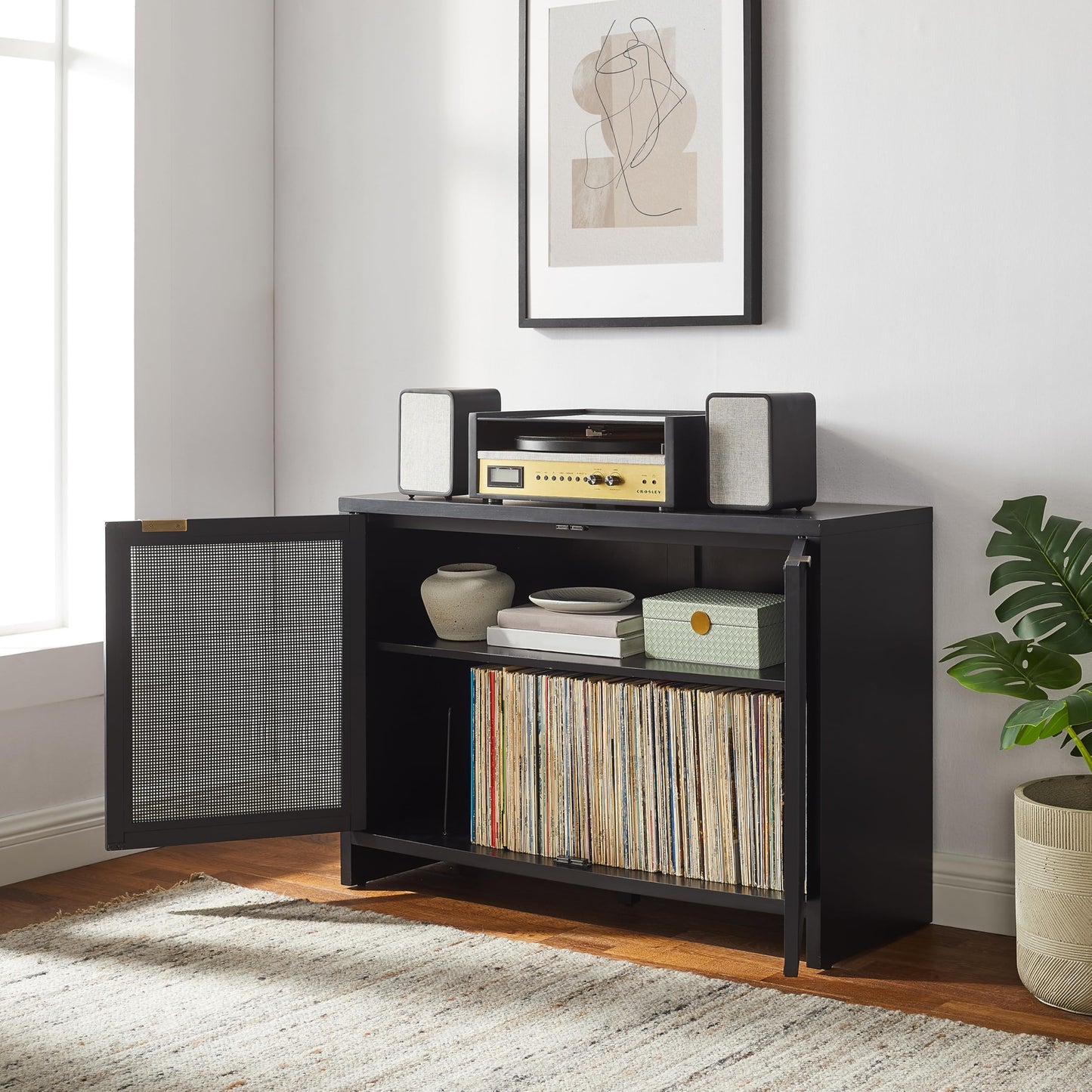 Crosley Furniture Kenji Media Console, Record Player Stand with Vinyl Storage, Modern Home Organizer, Black