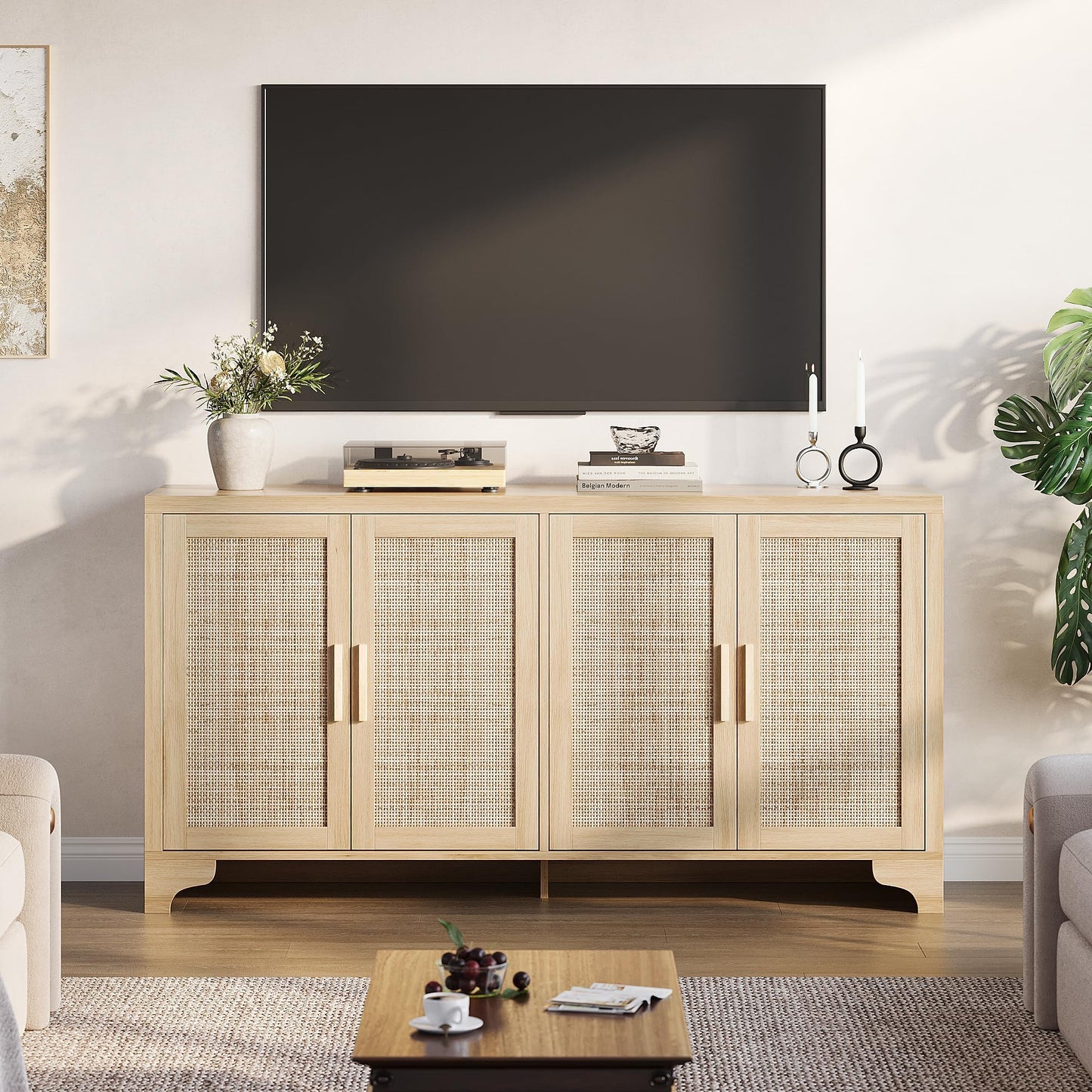 IDEALHOUSE Natural Rattan Sideboard Buffet Cabinet with Storage, Farmhouse Large Rattan Cabinet with 4 Doors, Wood Accent Coffee Bar Buffet Console Tables for Kitchen Living Room Entryway