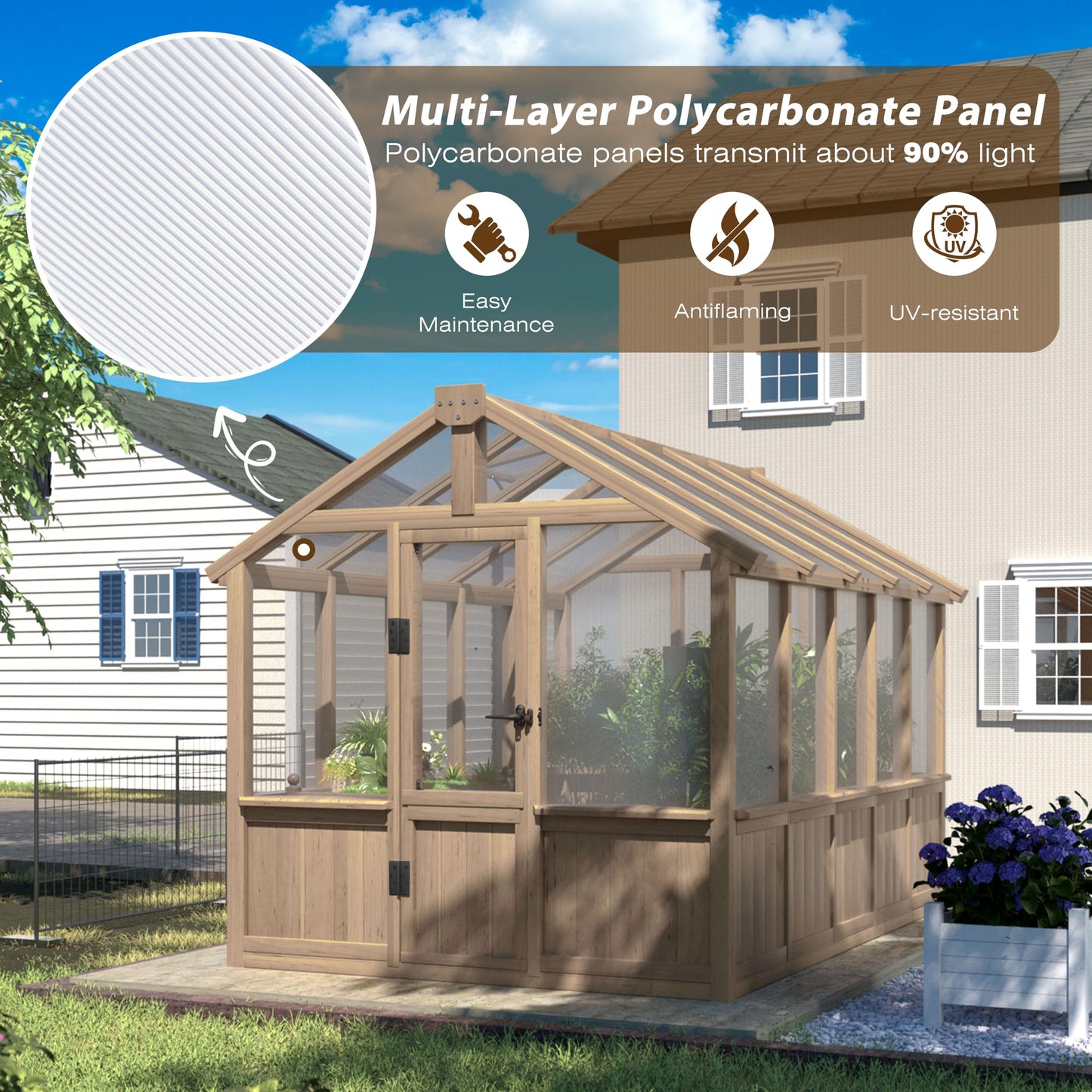 Yardenaler 6x10 FT Green House for Outdoor, 6MM Thick Polycarbonate Panel Wooden Walk-in Greenhouse Kit with Lockable Door and Adjustable Roof Vent, Backyard Garden, Light Mocha Brown