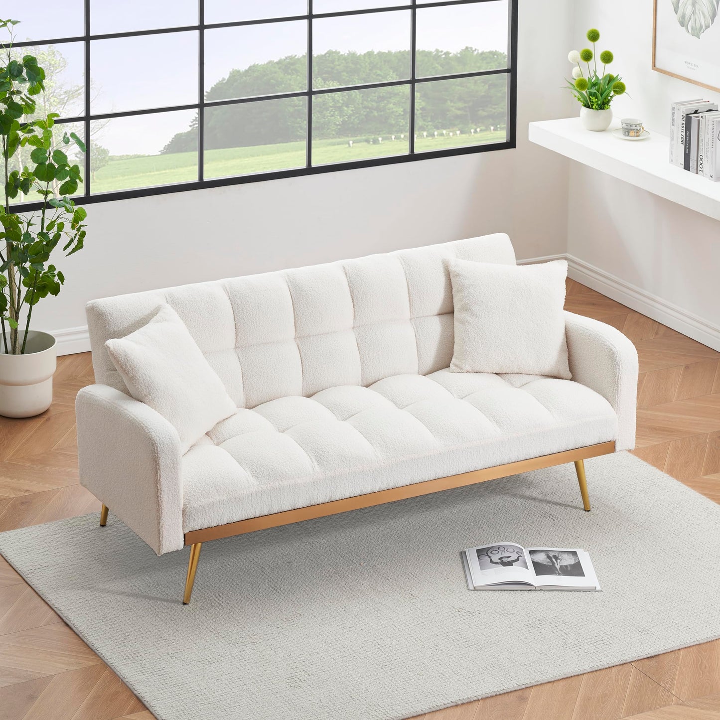 Convertible Futon Loveseat Couch Reversible Loveseat Folding Daybed Guest Bed, Tufted Teddy Fleece Upholstered Convertible Sleeper Sofa Bed with Golden Metal Legs and 2 Pillows for Living Room Office