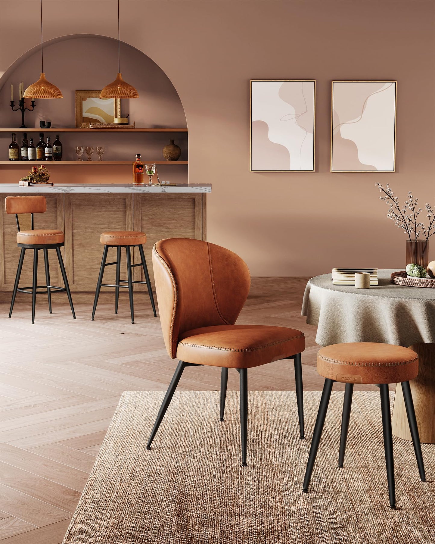 VASAGLE EKHO Collection - Bar Stools Set of 4, Swivel Bar Height Bar Stools with Back, Synthetic Leather with Stitching, Mid-Century Modern, 30-Inch Tall Barstools for Kitchen Home Bar, Caramel Brown