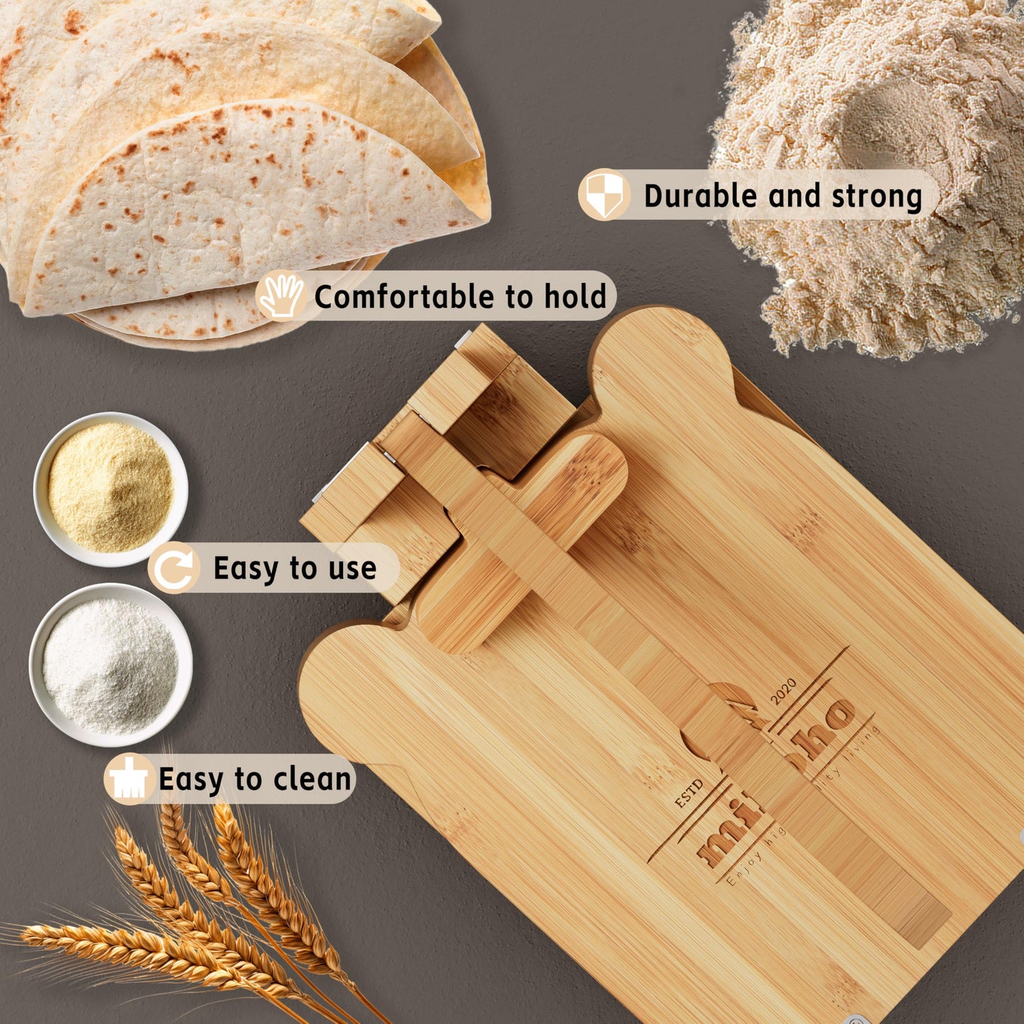 Tortilla Press 10 Inch Bamboo Tortilla Maker, Mexican Tortillera Presser Homemade Flour Tortilla Press for Mexican Tortillas Roti Burrito, Taco Pataconera (Beech)