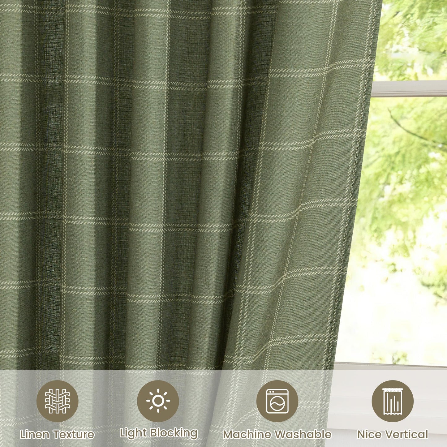NICETOWN Linen Plaid Curtains Gingham Window Panels Moss Green Check Tartan Light Filtering Curtains for Living Room Bedroom, Rod Pocket Back Tab, 2 Panels, 52 inch Wide x 84 inch Long