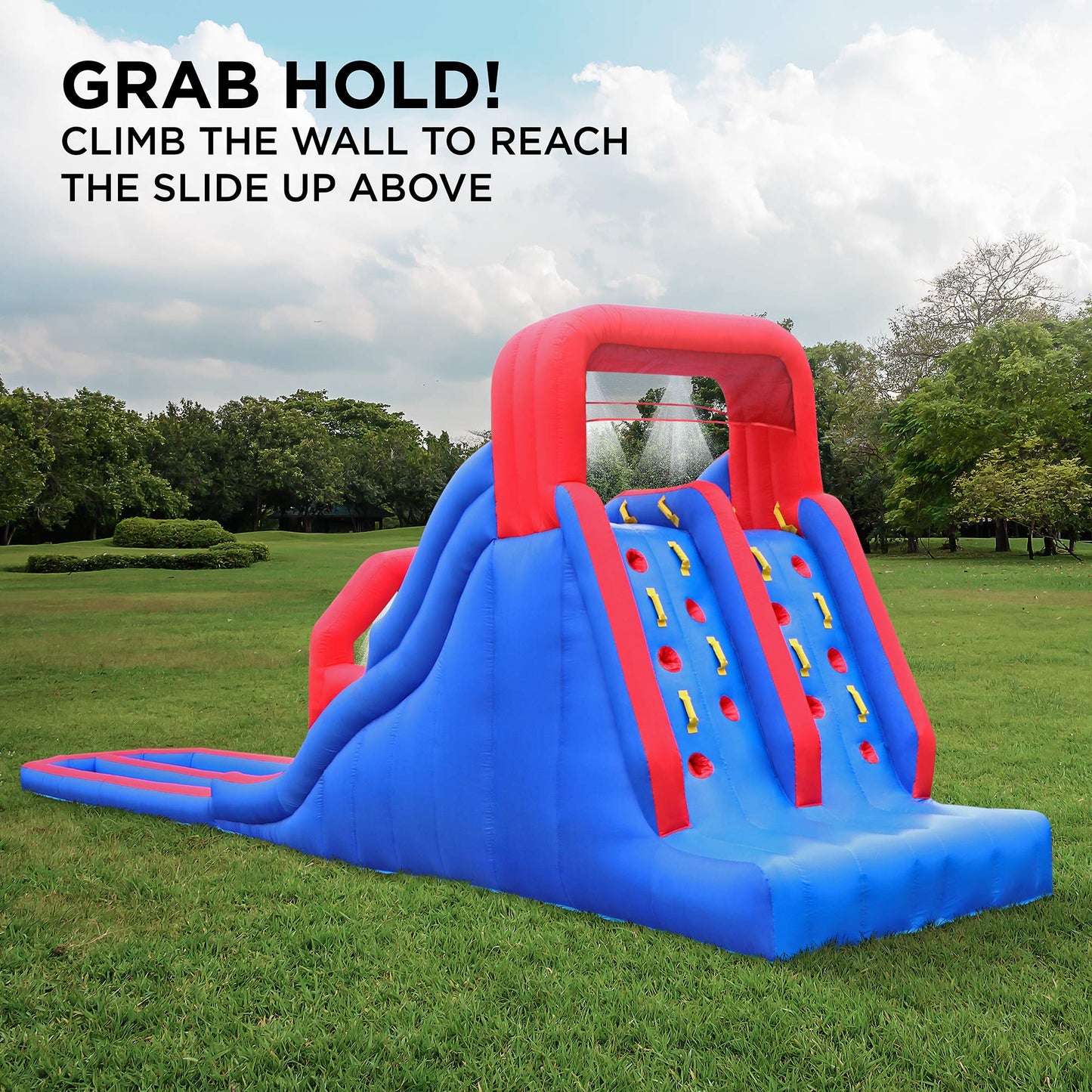 Sunny & Fun Dual Splash Inflatable Water Racing Slide Park – Heavy-Duty for Outdoor Fun - Climbing Wall, Two Slides & Splash Pool – Easy to Set Up & Inflate with Included Air Pump & Carrying Case