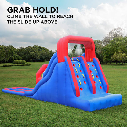 Sunny & Fun Dual Splash Inflatable Water Racing Slide Park – Heavy-Duty for Outdoor Fun - Climbing Wall, Two Slides & Splash Pool – Easy to Set Up & Inflate with Included Air Pump & Carrying Case