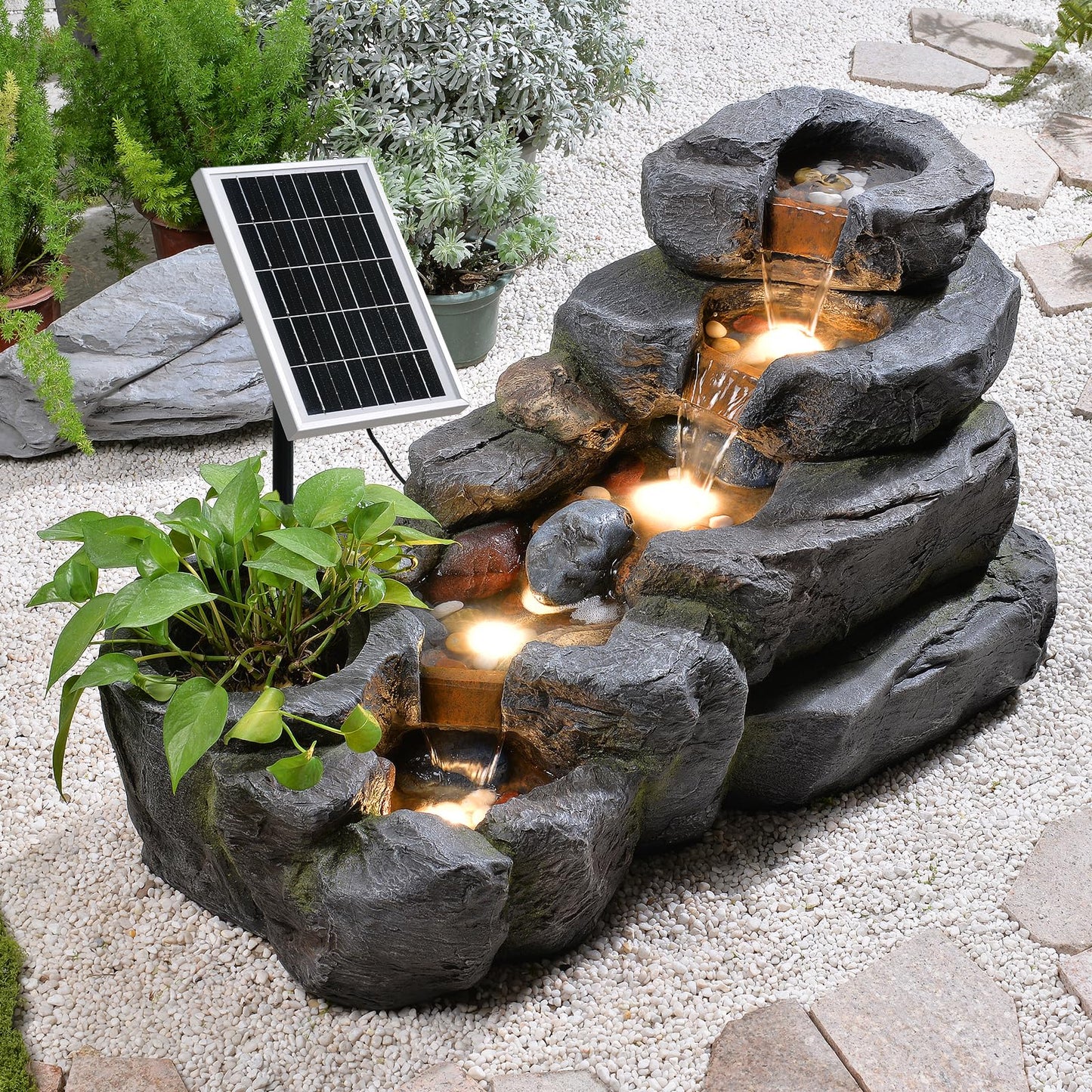 Pivotify 5-Tier Solar Water Fountain Outdoor, 38.2" L Rock Waterfall Fountains Solar Powered Floor Standing Outdoor Water Feature with LED Lights for Patio, Garden,Porch, Yard, Home Art Decor（Grey）