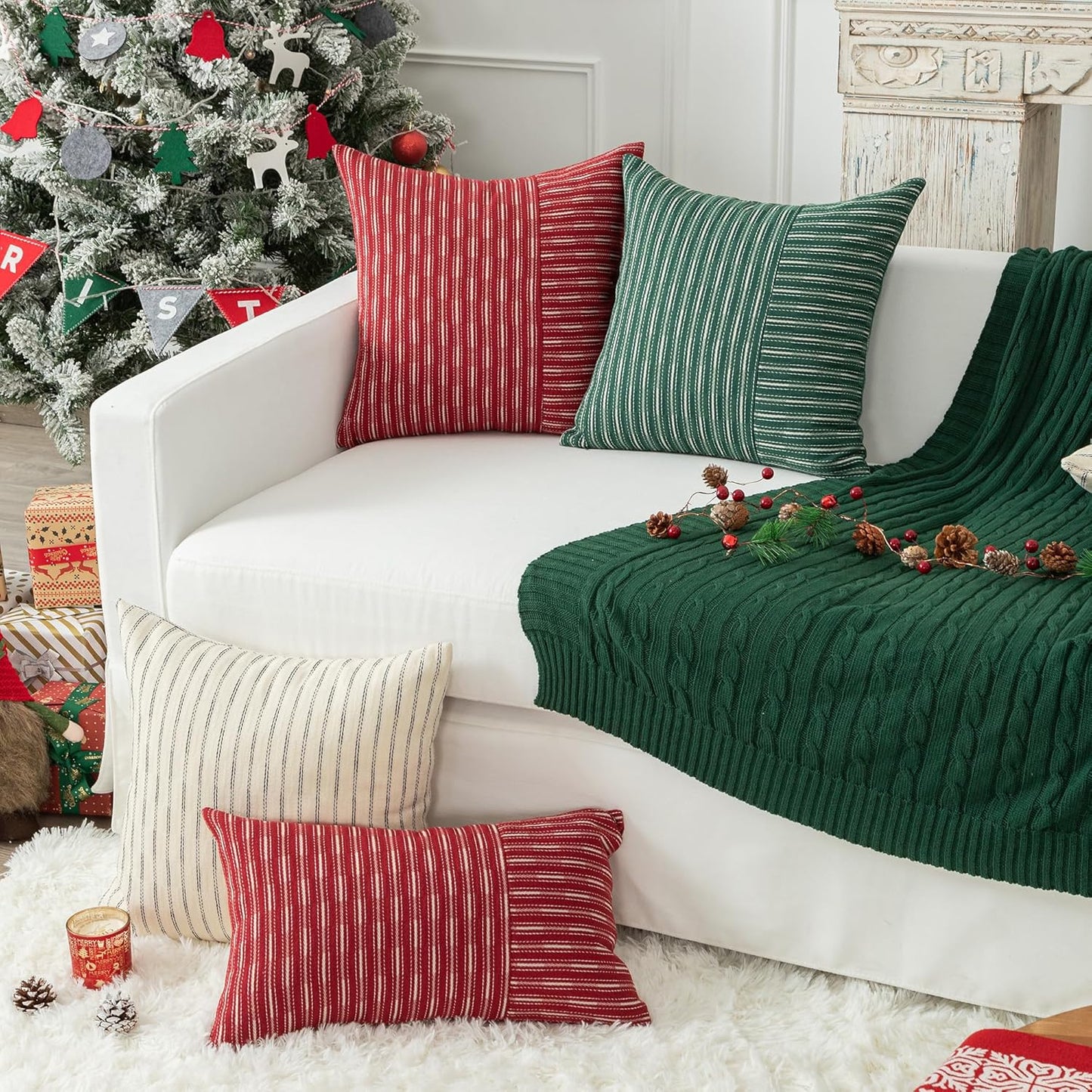 18x18, Set 2, Kevin Textile Dark Green and Beige Farmhouse Striped Patchwork Linen Decorative Throw Pillows Covers