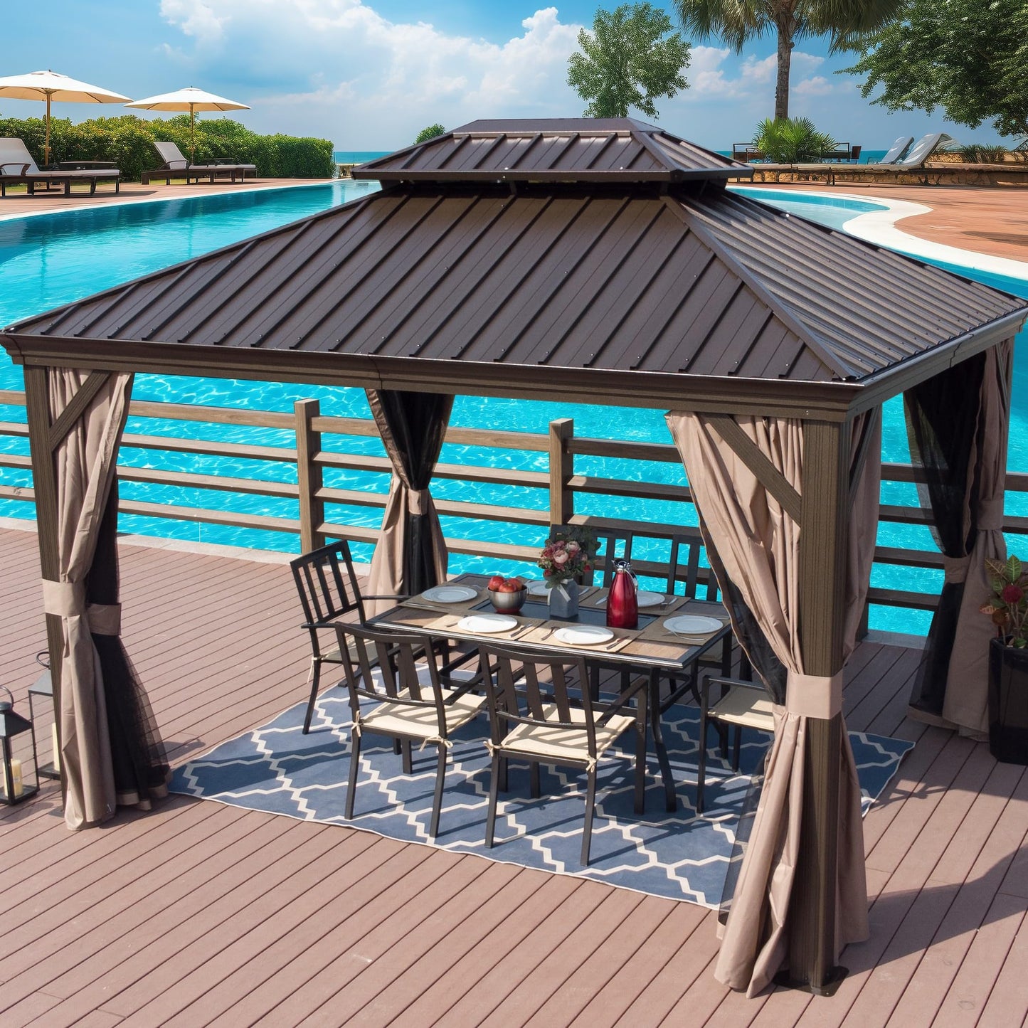 Kozyard Alexander 10' x 12' Hardtop Gazebo, Aluminum Frame with Galvanized Steel Double Roof, Outdoor Permanent Pavilion with Curtains and Netting for Patio, Backyard, Deck, Lawn(Brown)