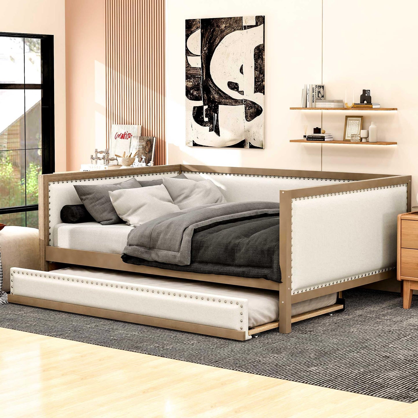 GDFStudio Full Size Upholstered Daybed with Trundle, Linen Sofa Bed with Nailhead Trim, Wood Frame Slat Support, No Box Spring Needed, Space Saving Guest Bed for Bedroom Living Room