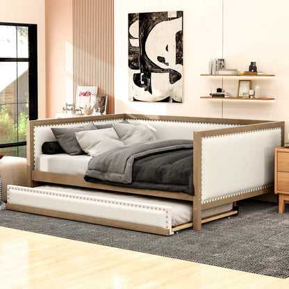 GDFStudio Full Size Upholstered Daybed with Trundle, Linen Sofa Bed with Nailhead Trim, Wood Frame Slat Support, No Box Spring Needed, Space Saving Guest Bed for Bedroom Living Room