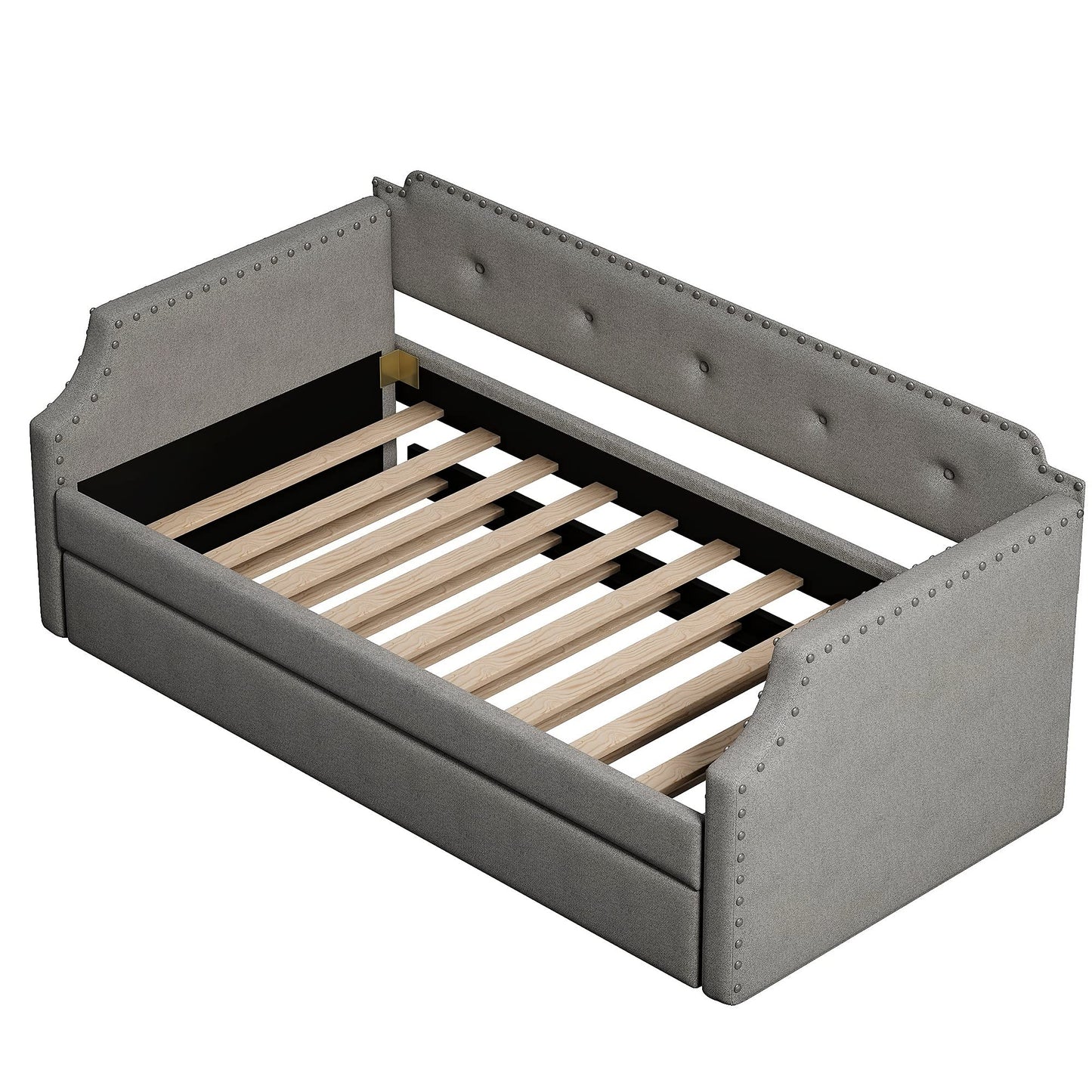 Acosure Twin Size Linen Upholstered Daybed with Trundle,Wooden Frame Armrests Bed W/Wood Slat Support,Arched Back & Nailhead Trim,for Kid,Dorm and Guest Bedroom,Gray
