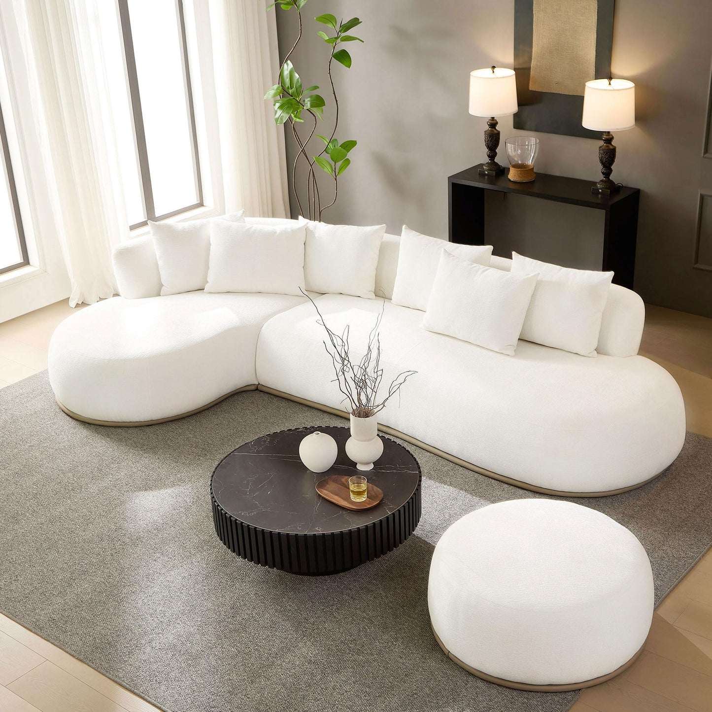 KEIKI 135" L-Shaped Oversized Boucle Sectional Sofa with Left Chaise, Modern 5-Seater Polyester Curved Couch with PU Leather Base, 1 Ottoman & 6 Pillows, No Assembly Required, for Living Room, Beige
