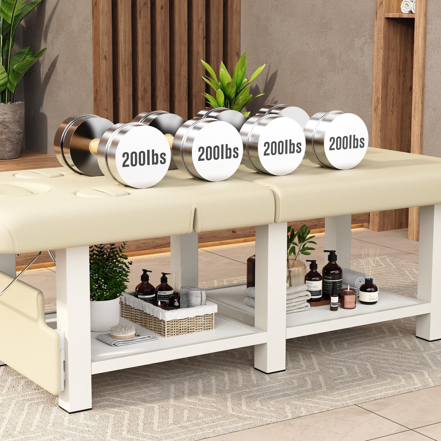Extra Large 34 in × 80 in Folding Stationary Massage Table with Adjustable Backrest & Armpit Opening , Heavy-Duty Metal Frame Treatment Bed for Spa, Physical Therapy, Tattoo, Facial - Beige Gray