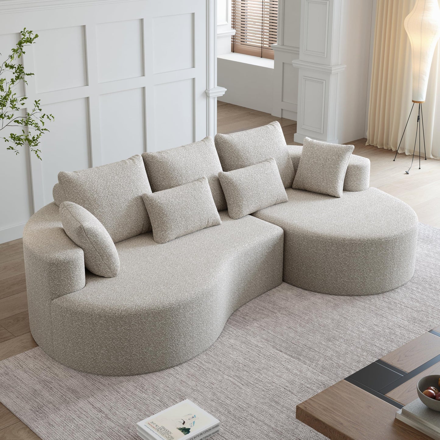 KEIKI 105" Chenille Corner Sofa with Chaise, Curved Sectional Couch, L Shaped Deep Seat Sectional Couch for Living Room, Bedroom, Beige
