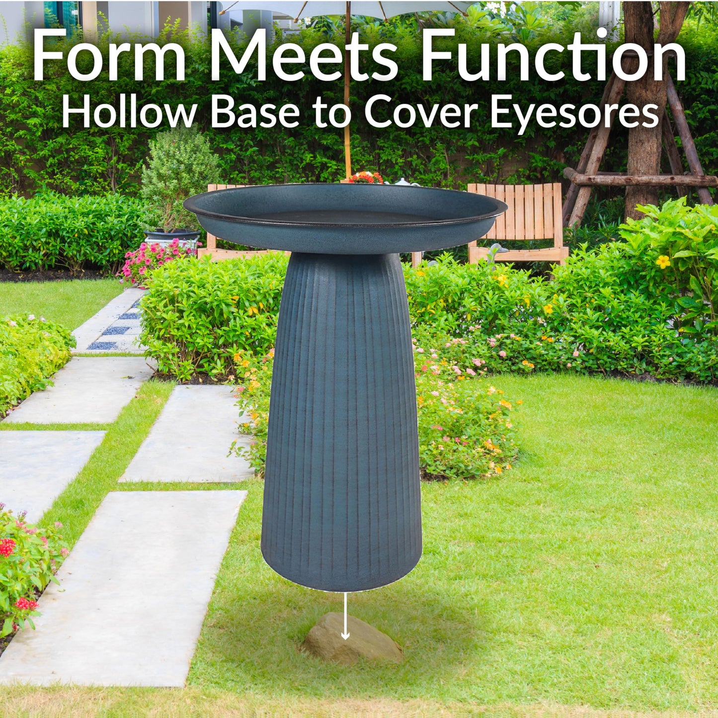 Sunnydaze Gleeful Garden 23" Iron Pedestal Bird Bath for Outside - Modern Shallow Basin Birdbath for Outdoors with UV-Protected Rust-Resistant Finish for Patio, Garden, Yard Decor - Matte Blue