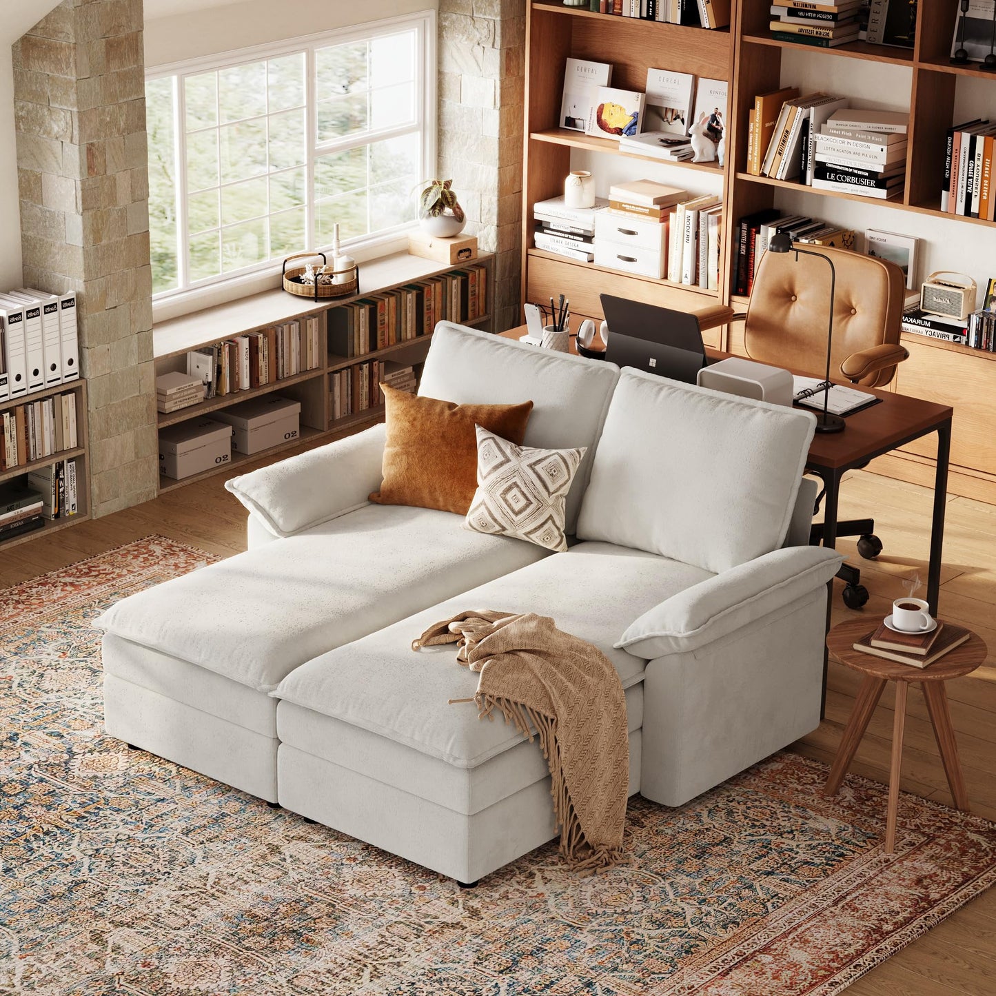 LINSY HOME Modular Sofa Chaise Lounge, 65" Cloud Sofa Bed Lounge with Armrests, Chenille Sleeper Sofa for Living Room, Apartment, Home Theater, Beige