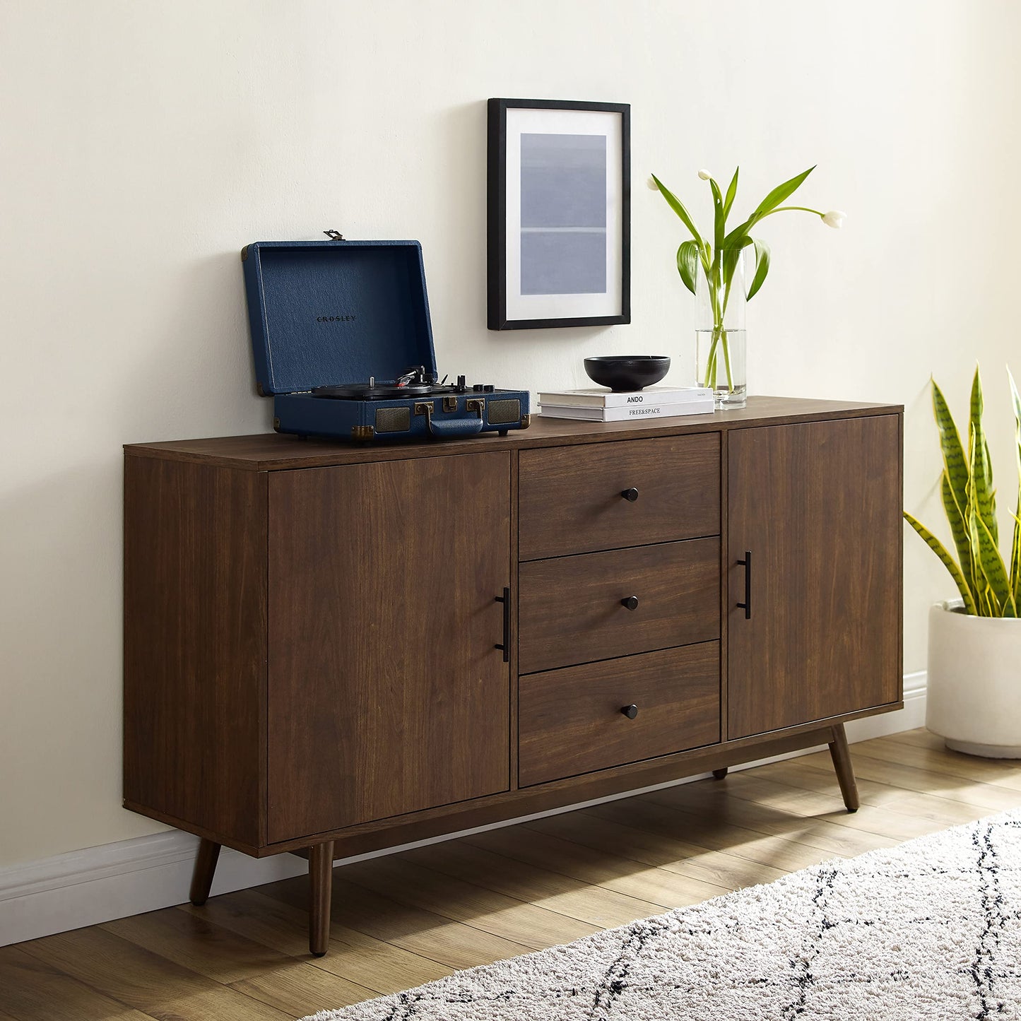 Crosley Furniture Lucas Mid Century Sideboard Buffet Cabinet with Storage, Brown
