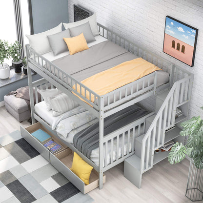 Favfurish Full-Over-Full Bunk Bed with Two Drawers and Storage,Wood Bed-Frame W/High Guardrail & Inclined Handrails,Bedroom Furniture for Children,Teens,Adults,Gray