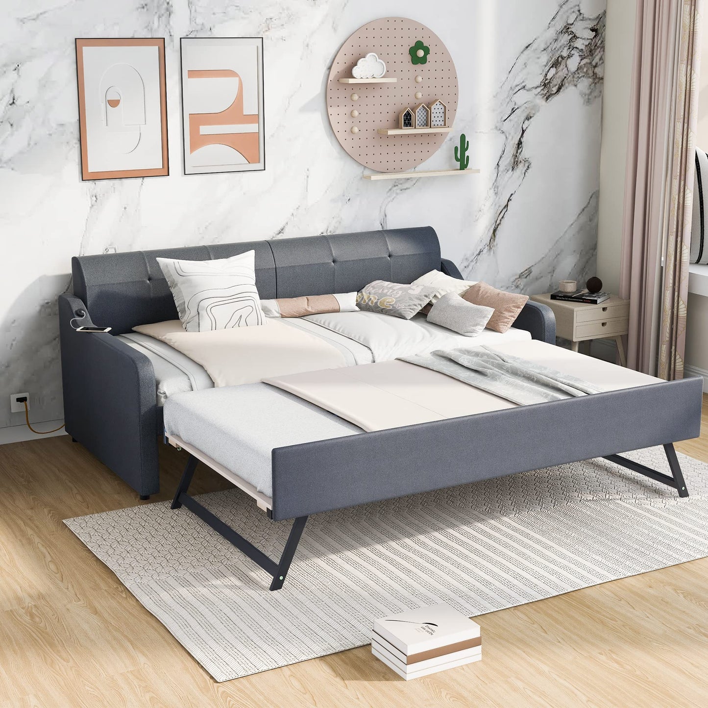GDFStudio Twin Size Upholstered Daybed with Trundle and USB Charging Port, Pop-Up Trundle Flat or Elevated, Woven Fabric Day Bed Frame with Backrest and Armrests, Gray
