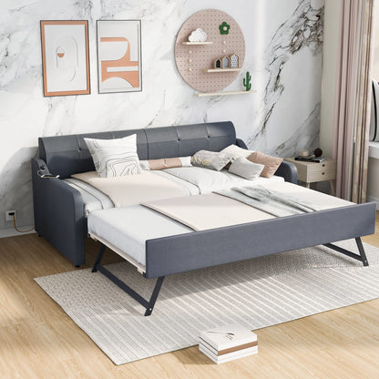 GDFStudio Twin Size Upholstered Daybed with Trundle and USB Charging Port, Pop-Up Trundle Flat or Elevated, Woven Fabric Day Bed Frame with Backrest and Armrests, Gray