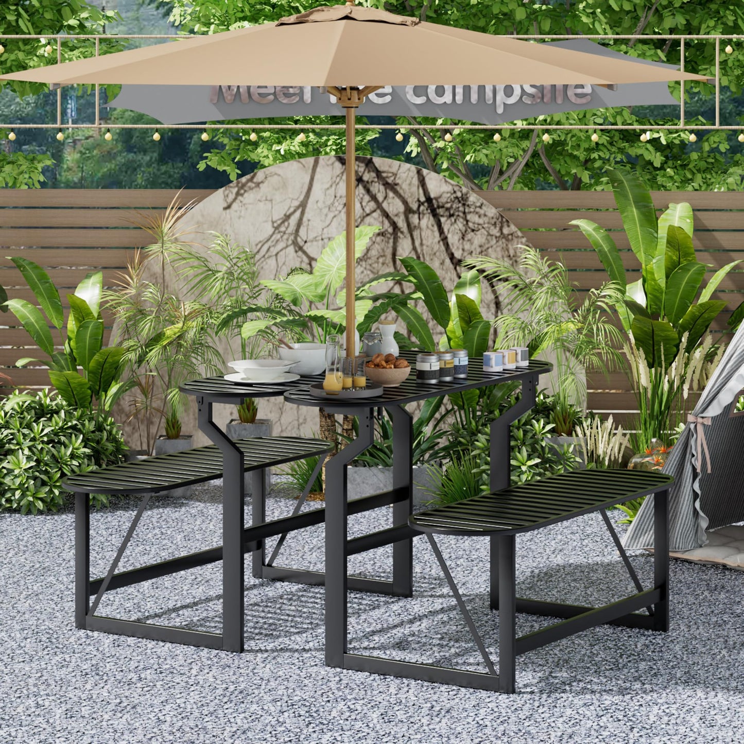 ZONVEOKE Convertible Bench, 2 in 1 Carbon Steel Picnic Table, Transforming Interchangeable Outdoor Table with Umbrella Hole, for Outside Patio Porch Backyard Park Garden 2 Pack Black Bench