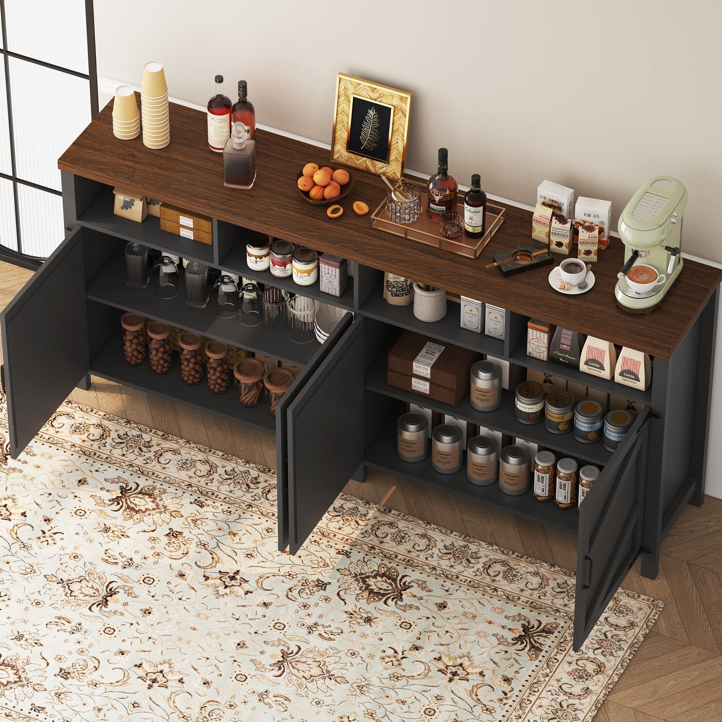 knoworld 63'' Buffet Sideboard with Storage Farmhouse with 4 Doors, Large Kitchen Storage Cabinet Wood Coffee Bar Cabinet Buffet Table with Shelves for Kitchen, Dining Room, Entryway