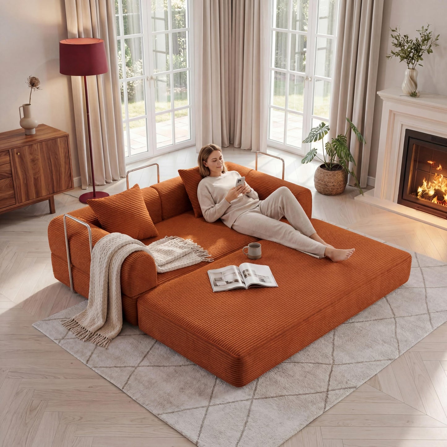 HouseMila 59" Boneless Couch,4-in-1 Futon Sofa Bed Modular Loveseat Sleeper Folding Compressed Couch with Pillows,No Assembly Required Convertible Sofa Bed for Living Room Bedroom Guest Room,Orange