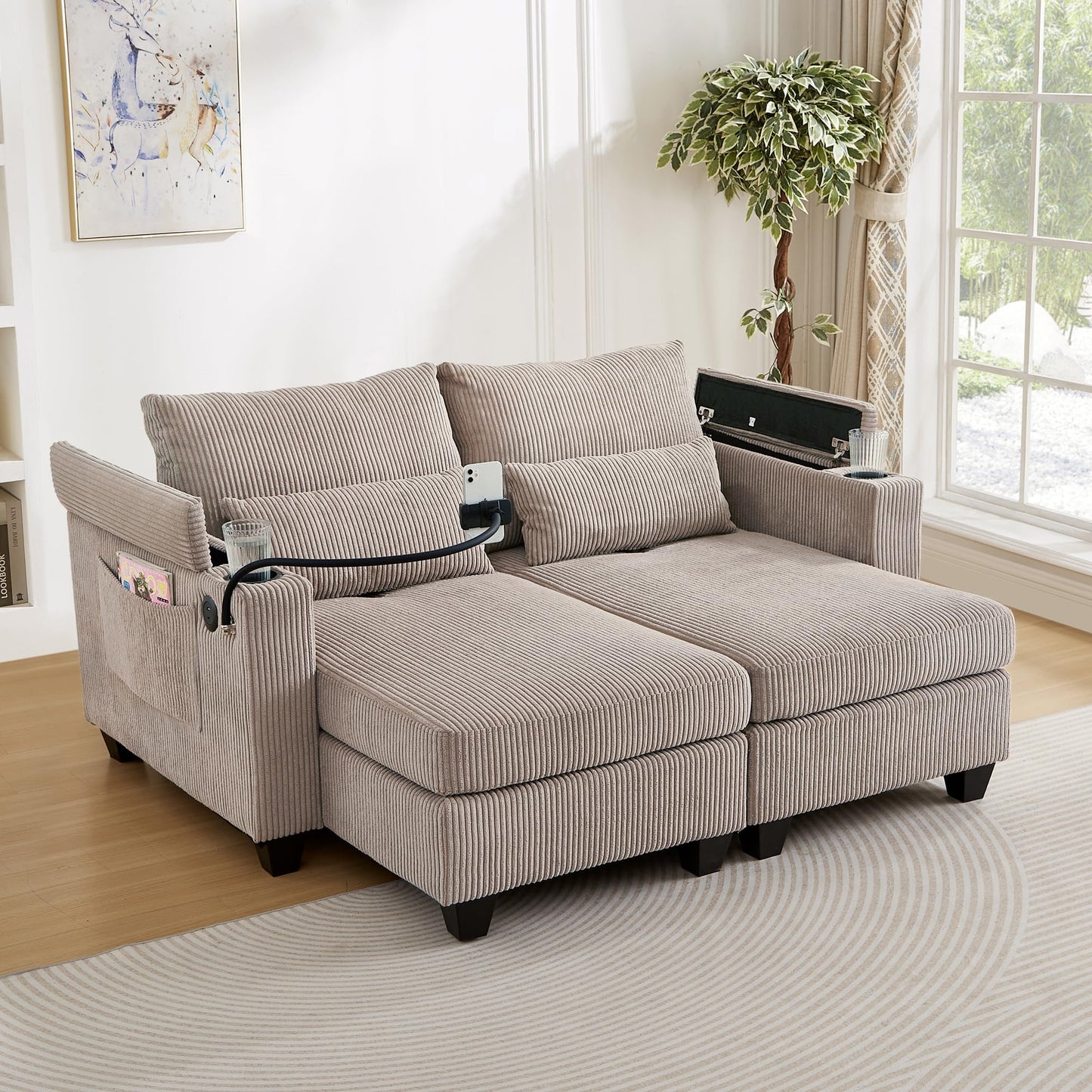 Merax Modern 63" Convertible Chaise Lounge with USB Ports, Phone & Cup Holders, Corduroy Upholstered Sleeper Sofa Bed, Recliner Loveseat with Pillows & Ample Storage Space for Living Room,Brown