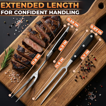 2 Pcs Carving Fork for Meat 11,8 inch - Stainless Steel Meat Fork with Heat-Resistant Handle for Grilling, Cooking, Serving - Straight and Curved Carving Utensils with Classic Two-Prong BBQ Design