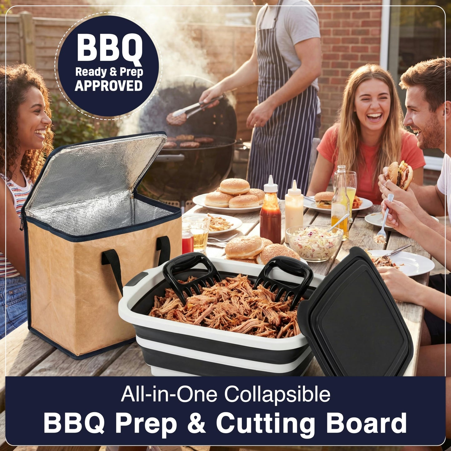 BBQ Prep Tub 16L, Collapsible Cutting Board with Meat Rest Blanket and Chicken Claws, Perfect Meat Prep Tub for Marinating, Shredding, and Grilling, All in One BBQ Accessories for Outing & Picnic