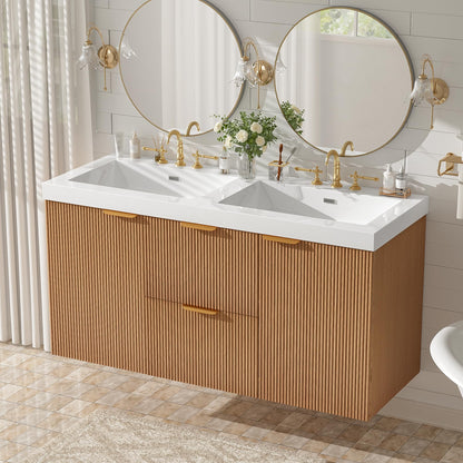 Merax 47.24" Wall-Mounted Double Sink Bathroom Vanity with SMC Countertop, Modern Two Integrated Sinks, Soft-Close Doors & Divided Drawers, Wood Grain Melamine Finish for Shared Bathroom