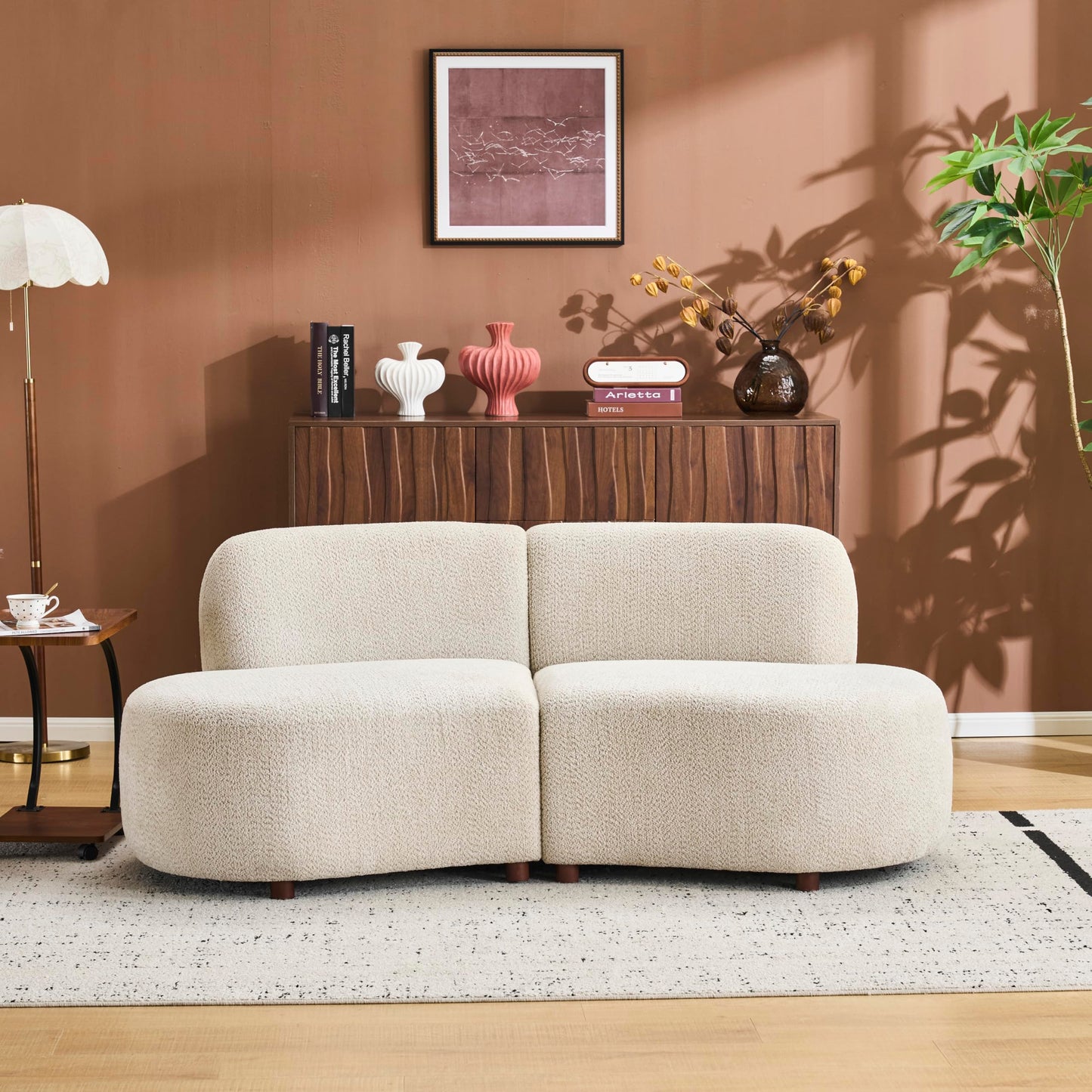 Merax 73" Curved Cloud Loveseat, Boucle Upholstered 2 Seater Sectional Sofa with Wooden Frame, Modern Curved Cloud Couch for Living Room, Cozy Leisure Couches, Easy Assembly, Beige