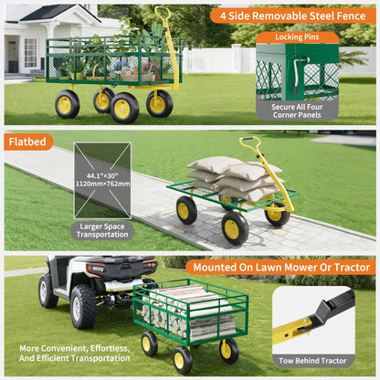 1400 Lbs Load Capacity Garden Cart, Metal Multi-Function Heavy-Duty Steel Garden Wagon, 3-in-1 Cart with 13 Inch All-Terrain Tires and Removable Mesh Side Panels, 180° Rotating Handle, Outdoor Gardens