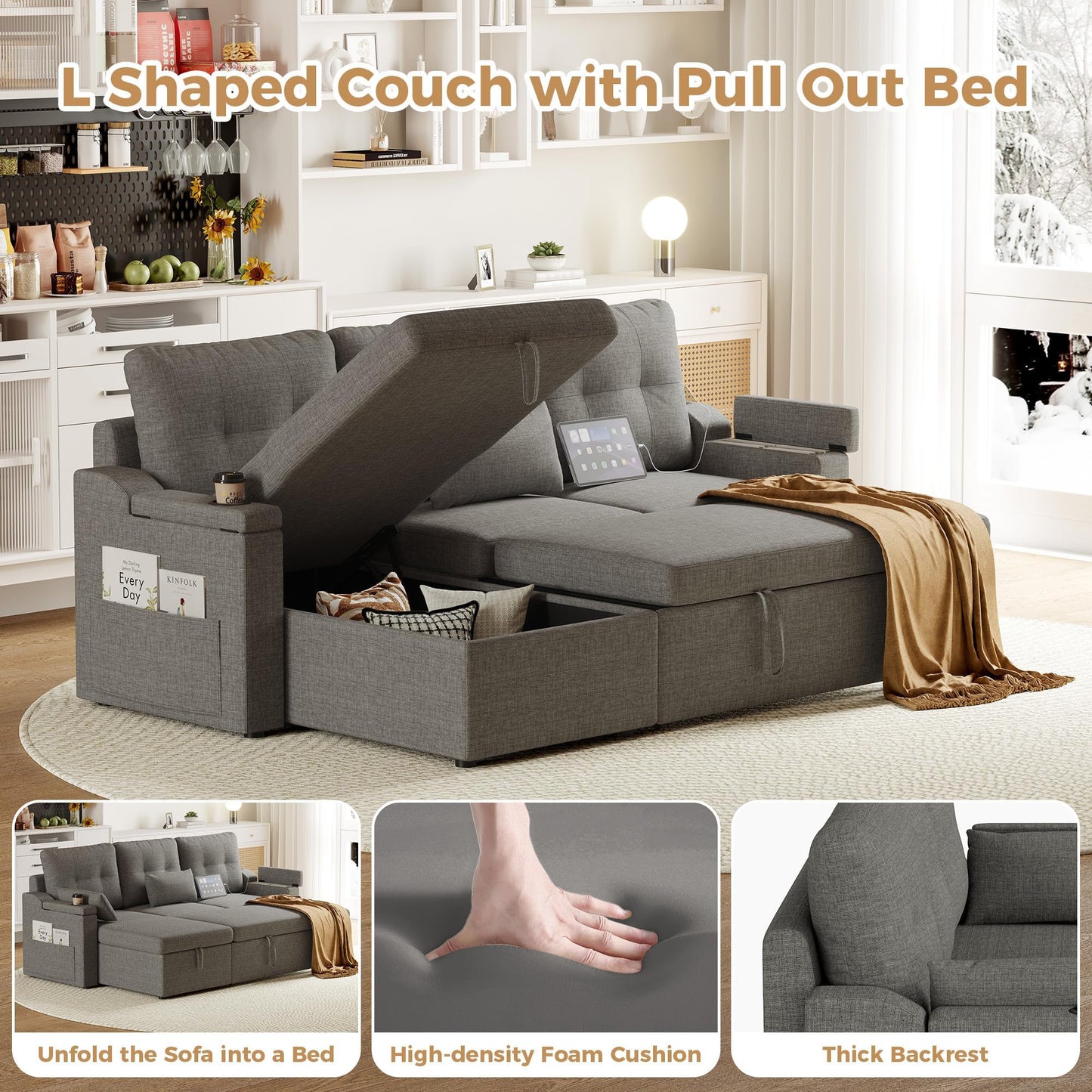 IDEALHOUSE Sofa Bed, L-Shaped Sectional Sleeper Sofa with Storage, Pull-Out Bed, Reversible Chaise, USB-C Ports, Washable Covers, Space-Saving Compact Design, Grey