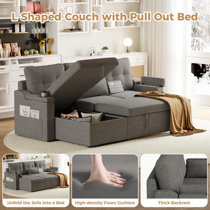 IDEALHOUSE Sofa Bed, L-Shaped Sectional Sleeper Sofa with Storage, Pull-Out Bed, Reversible Chaise, USB-C Ports, Washable Covers, Space-Saving Compact Design, Grey