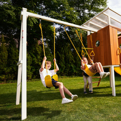 Avenlur Modern Outdoor Backyard Swing Set Children's Rock Climbing Wood Playground Playset 2 Belt Swings, Clubhouse Fort, Windows, Ladder, Wavy Slide Toddlers, Kids Climbers Play Adventure Rock 3-11yr