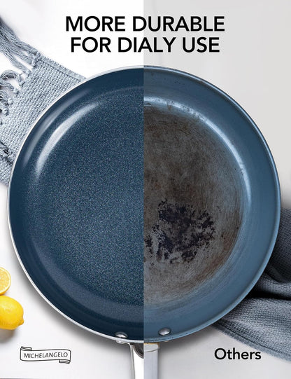 MICHELANGELO 8-Inch Nonstick Frying Pan - Non-Toxic Omelette Pan with Lid & Stainless Handle | Blue-Ceramic