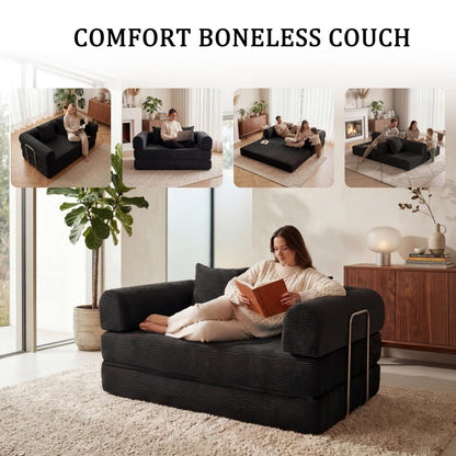 HouseMila 53.15" Boneless Couch,4-in-1 Futon Sofa Bed Modular Loveseat Sleeper Folding Compressed Couch with Pillows,No Assembly Required Convertible Sofa Bed for Living Room Bedroom Guest Room,Black