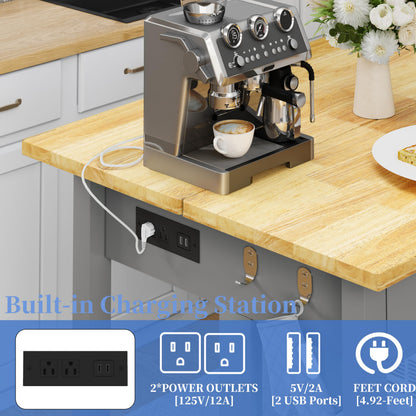 DynJest 60" Solid Rubberwood Kitchen Island with Power Outlets - Extra Large Work Surface, 3 Drawers & 2 Open Shelves Storage Cabinet for Kitchen Dining Room, Farmhouse Style (Grey)