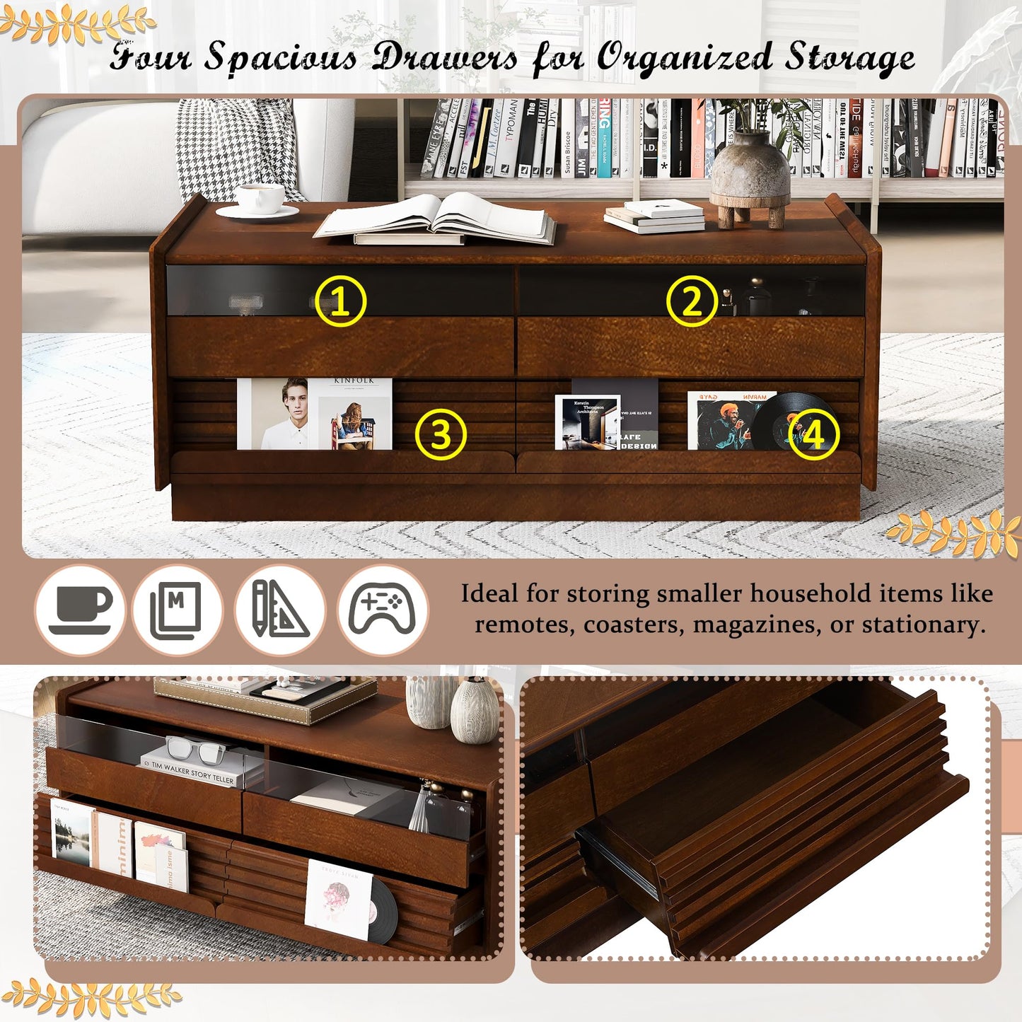 Merax Modern 47.2" Rectangle Coffee Table with 4 Drawers and 2 Display Shelves, Wood Fluted Style Center Tables w/Tempered Glass for Living Room Reception Room, Brown