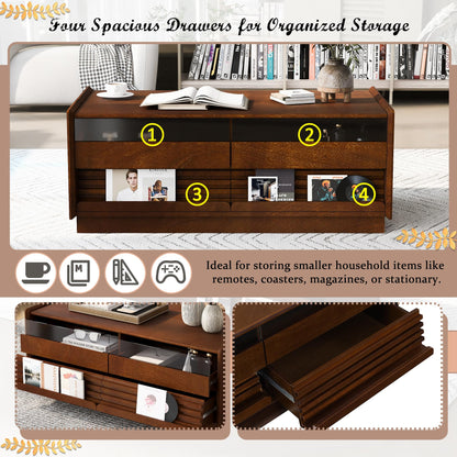 Merax Modern 47.2" Rectangle Coffee Table with 4 Drawers and 2 Display Shelves, Wood Fluted Style Center Tables w/Tempered Glass for Living Room Reception Room, Brown
