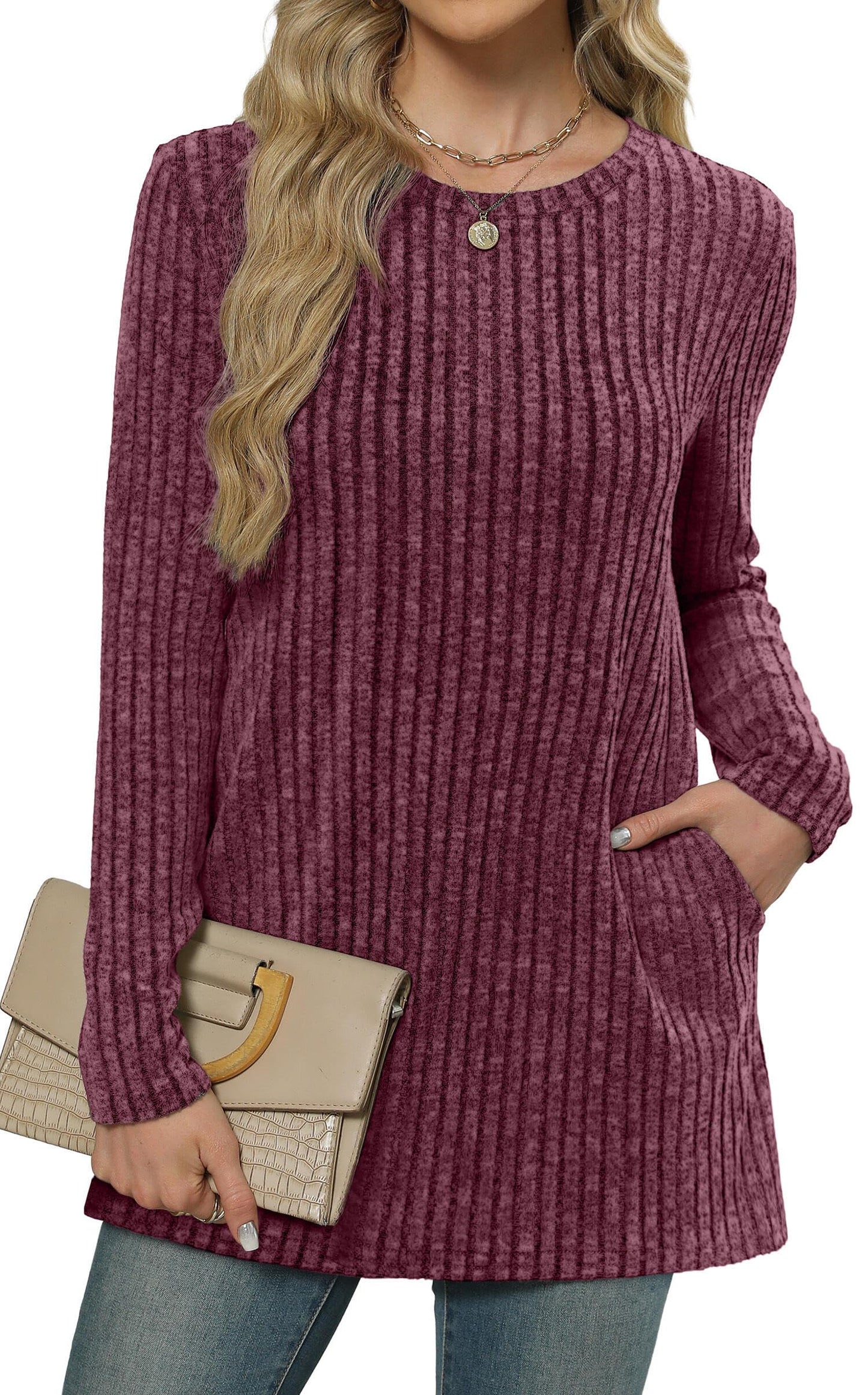 XIEERDUO Long Sleeve Shirts for Women Crewneck Tunic Tops Loose Fit Dressy Womens Sweaters with Pockets Fall Fashion 2025