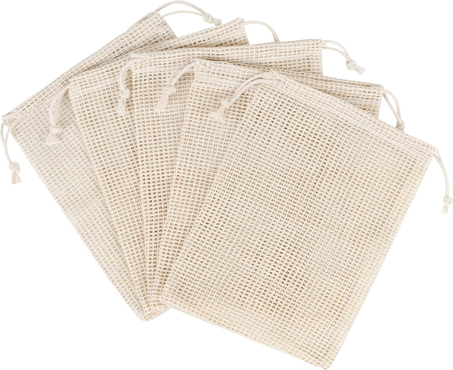 PALTERWEAR 100% Natural Cotton Double Drawstring Mesh Bag - For Herbs, Nuts, Spices, Set of 5