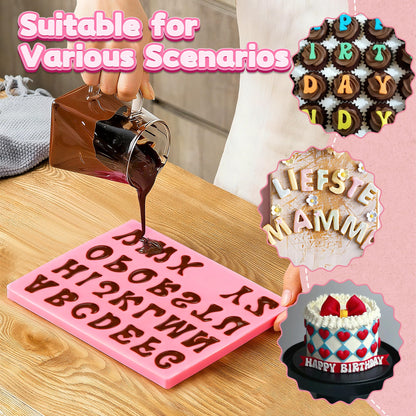 6PCS Chocolate Molds, Letters Numbers Silicone Chocolate Molds Reusable Alphabet Candy Molds with Happy Birthday Heart Shaped for Baking Desserts and Strawberries, Candy, Cake Decoration