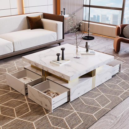 Merax Modern White and Gold Square Coffee Table with 4 Drawers, Ample Hidden Storage, Durable MDF Construction, Sleek Accent End Table for Living Room, Lounge, and Apartment Decor, White