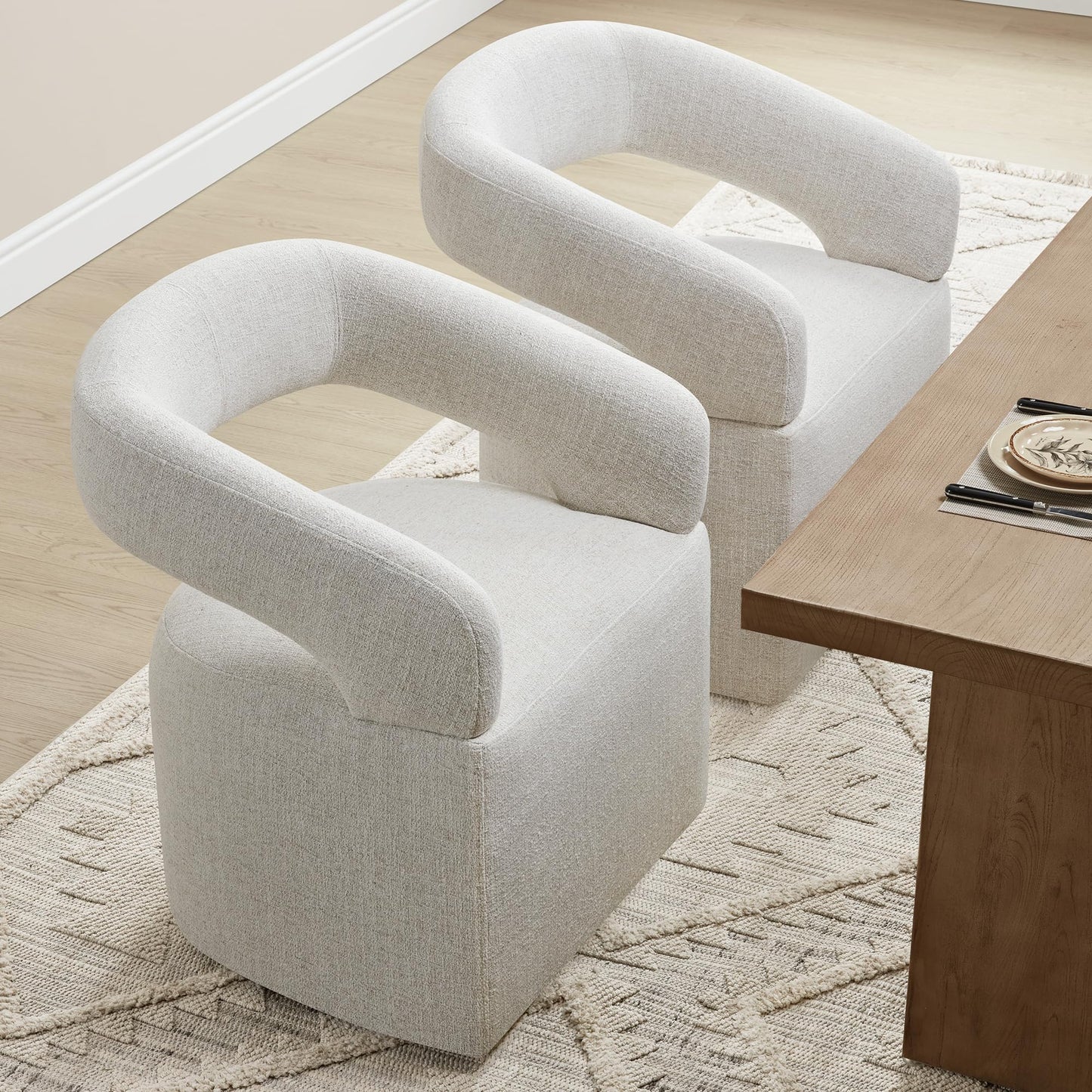 KISLOT Upholstered Dining Chairs Set of 4, Modern Rolling Dining Chairs with Hidden Casters, Arm Kitchen Chairs with Linen Look Fabric, Padded Barrel Chairs for Dining Room, Kitchen, Bedroom, Beige