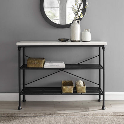 Crosley Furniture Madeleine Sofa Console Table with Storage Shelves for Hall, Entryway, or Living Room, Steel with Faux Marble Top