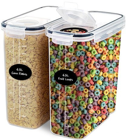 DWËLLZA KITCHEN EXTRA LARGE Cereal Containers Storage (6.3L / 213OZ) Set of 2 Family Size Bulk Cereal Dispenser Countertop, Airtight Food Storage Containers for Pantry Organization, Labels & Marker