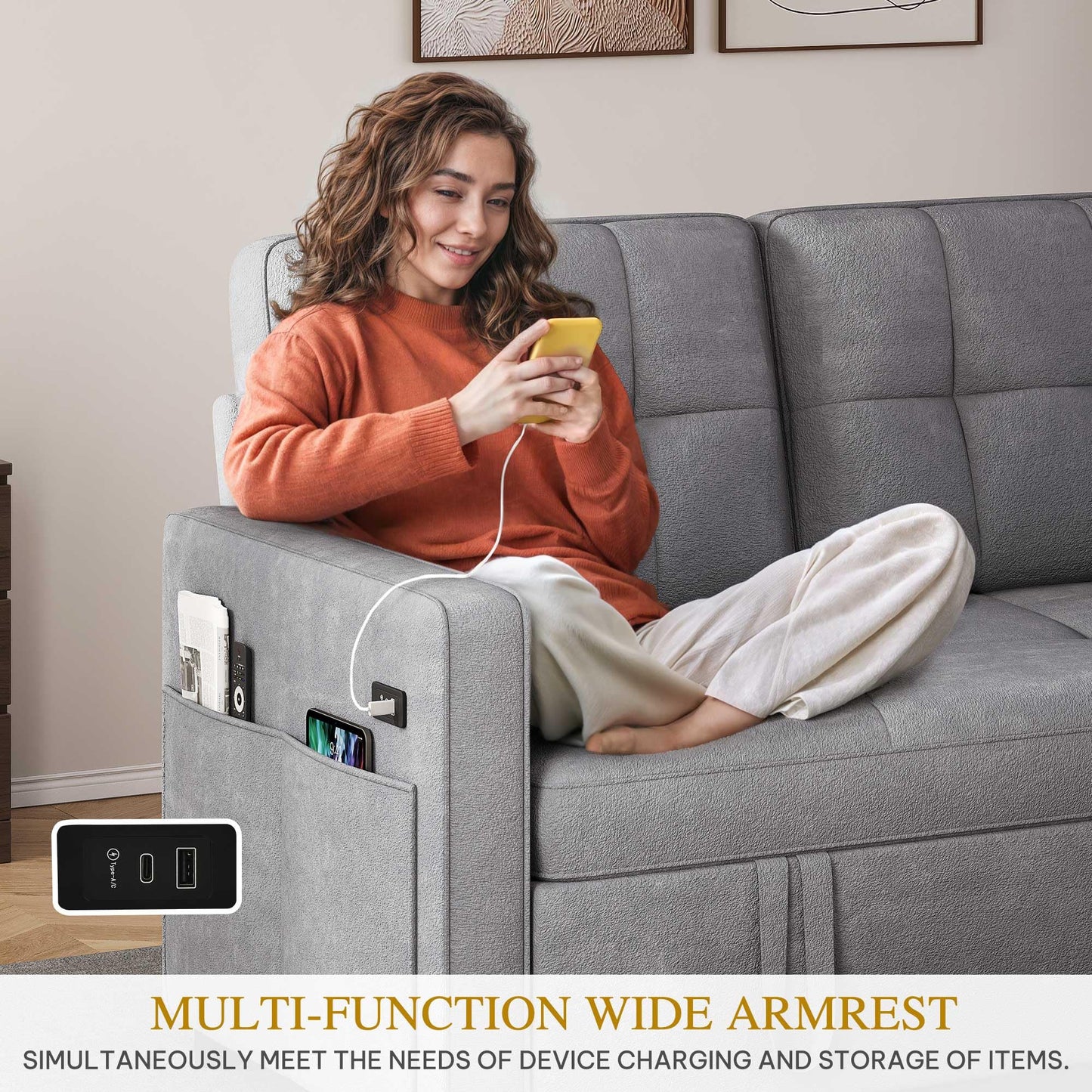 DWVO 55" Convertible Sofa Bed, 3-in-1 Sleeper Sofa with Pull-Out Couch, Velvet Futon Couch with Adjustable Backrest and USB, Modern Loveseat for Living Room Apartment, Light Grey